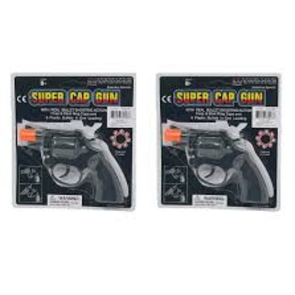 8 Ring Shot Cap Gun Black Novelty Police Pistol Revolver - Plastic - 2 Packs